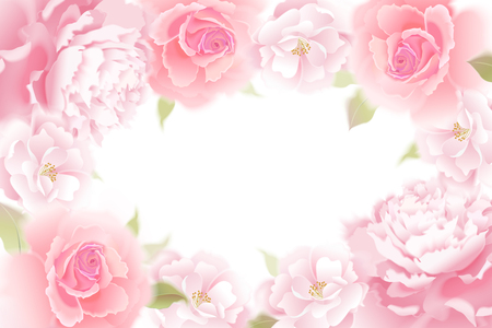 Roses and peonies. Vector card. Garden flower hand drawing pastel. Realistic floral illustration - design template luxury packing, wrapping paper. Pink flowers and green leaves on white background.のイラスト素材