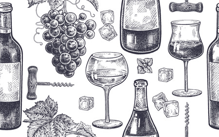 Seamless vector pattern of wine drinking. Bottles, berries of grapes, glasses with white and red wine, ice, mint, corkscrew.のイラスト素材