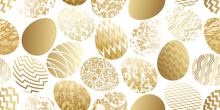 Easter eggs seamless pattern. Flower, geometric and marble patterns. Festive design. Gold foil and white. Vector illustration art.のイラスト素材