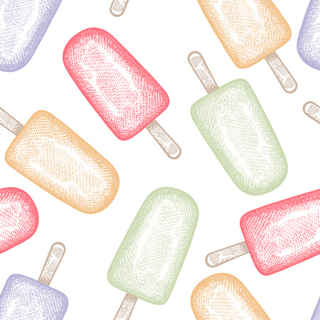 Ice cream. Seamless pattern with sweets. Pastel color dessert on white background. Vector illustration art. Vintage engraving. Hand drawing. Template for kitchen design, textiles, paper, wallpaper.のイラスト素材