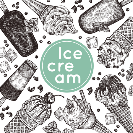Poster with ice cream. Ice cream in waffle cones with chocolate crumb, berries, cookies and chocolate icing, ice lolly. Black and white. Vintage engraving. Vector illustration. For menu of cafe, sign.のイラスト素材