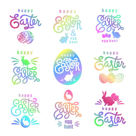 Easter wishes set. Hand-drawing labels design. Lettering, silhouette of easter hare and easter eggs. Emblems and signs of religious holiday.  Vector illustration for web and print.のイラスト素材