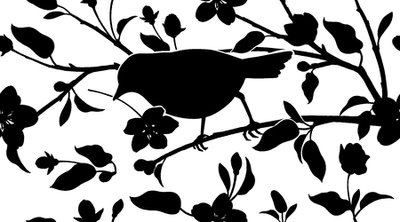 Seamless pattern with Japanese cherry and bird silhouette. Vector. Black and white.のイラスト素材