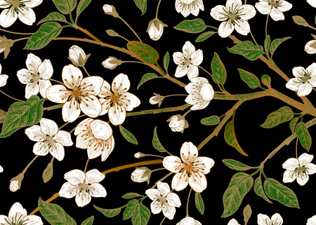 Spring floral vintage seamless pattern with Japanese cherry.のイラスト素材
