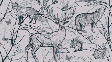 Seamless pattern with tree branches, forest animals, birds. Deer, fox, hare, squirrel, wolf. Vector illustration art. Natural design for textiles, paper, wallpapers. Black on pastel background.のイラスト素材