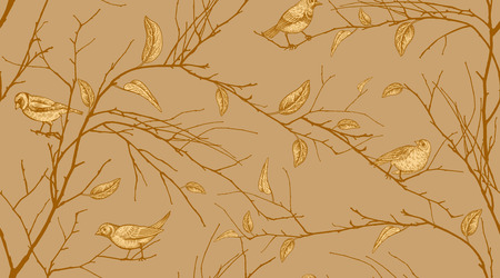 Seamless pattern with tree branches and forest birds. Vector illustration art. Natural design for textiles, paper, wallpapers. Print of gold foil.のイラスト素材