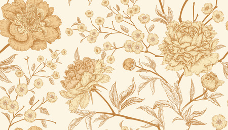 Floral vintage seamless pattern with flowers peonies. Oriental style. Vector illustration art. For design textiles, wrapping paper, wallpaper, clothes, interior, curtains, packaging. Gold foil print.のイラスト素材