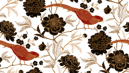 Peonies and pheasants. Floral vintage seamless pattern with flowers and birds. White, black, red and gold color. Oriental style. Vector illustration art. For design textiles, wrapping paper, wallpaperのイラスト素材