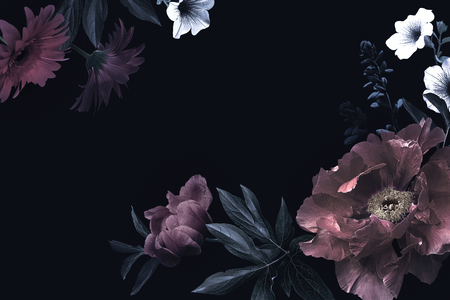 Floral vintage card with flowers. Peonies, tulips, lily, hydrangea on black background.  Template for design of wedding invitations, holiday greetings, business card, decoration packagingの写真素材