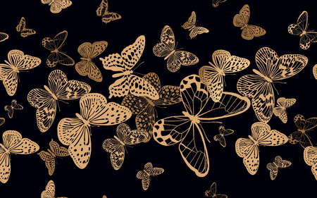 Flock of fluttering butterflies. Seamless pattern for design fabrics, textiles, prints on pillows, summer bags, luxury trendy clothing. Vector abstract background. Printing gold foil and black color.のイラスト素材