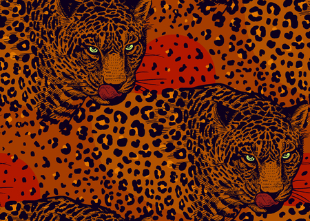 Leopards. Seamless pattern with animals of wildlife. Modern decor Beast style. Vector illustration. Template for paper, textile, wallpaper. Black and red. Full color ornament. Spots and stains.のイラスト素材