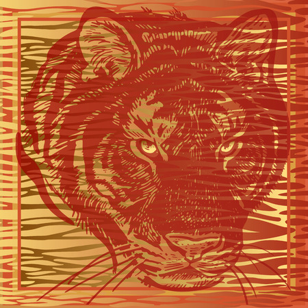 Animal print. African tiger close-up and fur stripes. Vector illustration. Print gold foil and red color on abstract background. Luxury pattern. Template for design scarf or pillow. Modern beast styleのイラスト素材