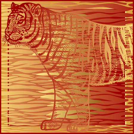 Animal print. African tiger and fur stripes. Vector illustration. Print gold foil and red color on abstract background. Luxury pattern. Template for design scarf or pillow. Modern beast styleのイラスト素材