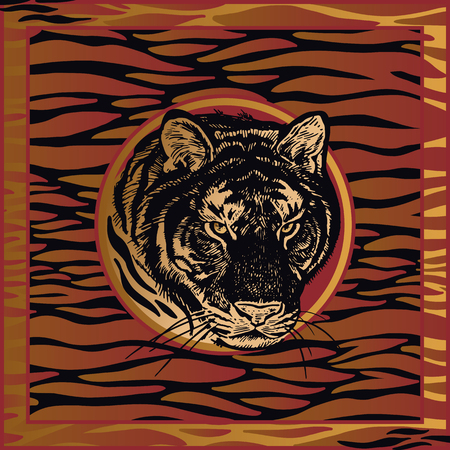 Animal print. African predator tiger, fur stripes. Vector illustration. Print of gold foil and red color on black background. Luxury pattern. Template for design scarf or pillow. Modern beast styleのイラスト素材