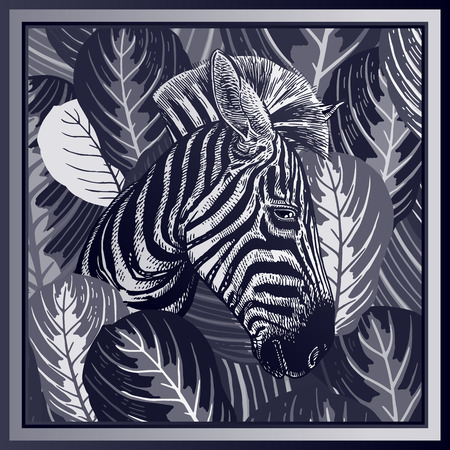 Animal print. Head of African zebra close-up and striped tropical leaves. Vector illustration. Black and white background. Luxury pattern. Template for design scarf or pillow. Modern beast style.のイラスト素材