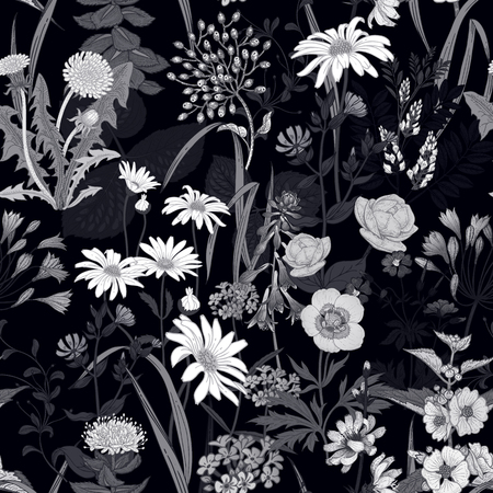 Wild flowers seamless pattern. Vector illustration. Floral background for printing on wallpaper, paper, textiles, fabrics. Hand drawing sketch. Floral decoration. Black and white.のイラスト素材
