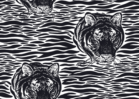 Tiger stripes and tiger head close-up seamless pattern. Motives of animals of wildlife. Modern decor Beast style. Vector illustration. Template for paper, textile, wallpaper. Black and white printのイラスト素材