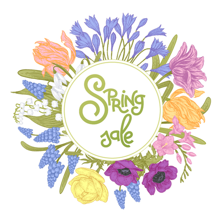 Flower card with the inscription "Spring Sale" surrounded by spring flowers tulips, gypsums, buttercups, anemones and others. Vector illustration art. Vintage style.のイラスト素材