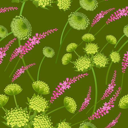 Floral spring background. Seamless pattern with spring flowers. Vector illustration. For wallpaper, paper, textiles, fashion industry, interior design, print on fabrics. Plants and herbs. Vintage.のイラスト素材
