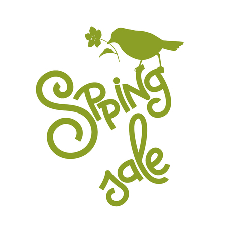 Spring sale background. The inscription and silhouette of bird with flower. Vector. Green color.のイラスト素材