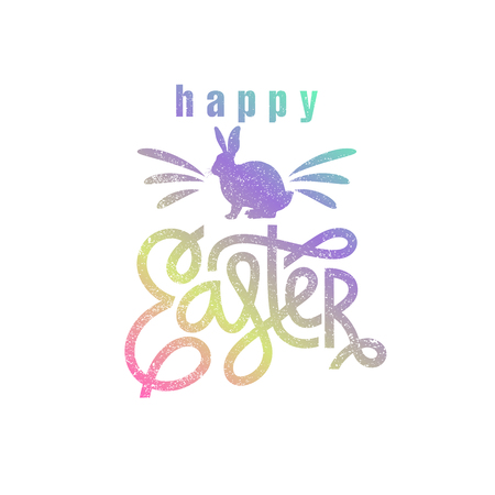 Card with the inscription "Happy Easter" and the silhouette of the Easter Bunny. Color image on white background. Vector illustration art. Template for creating festive products.のイラスト素材