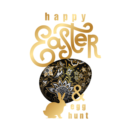 Card with the inscription "Happy Easter and Egg Hunt", realistic easter egg and silhouette of Easter Bunny. White, black and gold foil. Vector illustration art. Template for creating festive productsのイラスト素材