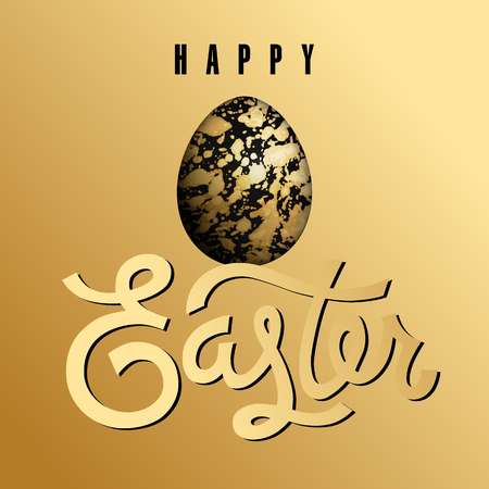 Easter card with realistic Easter egg and inscription "Happy Easter". Marble pattern. Gold foil and black color. Vector illustration art. Festive design.のイラスト素材