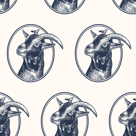 Goat. Seamless pattern with farm animal. Hand drawing of head livestock in frame. Vector illustration art. Black and white. Old engraving. Vintage. Design for fabrics, paper, textiles, wallpaperのイラスト素材