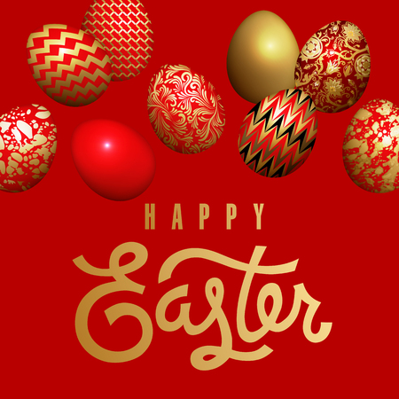 Card with inscription "Happy Easter" and realistic easter eggs. Red background and gold foil print. Vector illustration with symbols of religious holiday. Template for creating festive productsのイラスト素材