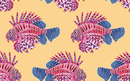 Seamless vector pattern with decorative fish water. Sea bottom and animals. Vintage engraving art. Hand drawing sketch. Kitchen design with seafood for paper, fabrics, wallpaper. Gold foil backgroundのイラスト素材