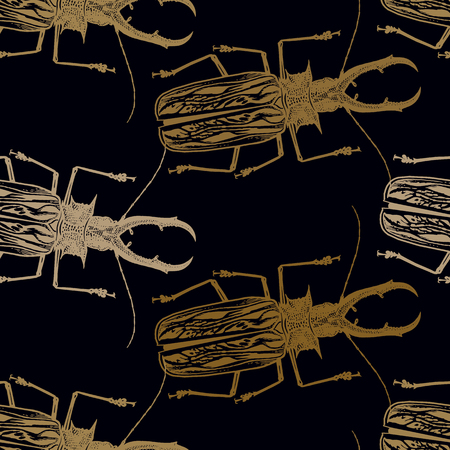 Beetle Harlequin. Gold foil print on black background. Seamless pattern with insect. Sketch of bug. Realistic drawing. Vector illustration.のイラスト素材