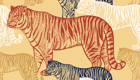 Tiger. Seamless pattern with animals of Africa. Hand drawing of wildlife. Vector illustration art. Full-color drawing. Old engraving. Vintage. Design for fabrics, paper, textiles, fashion.のイラスト素材
