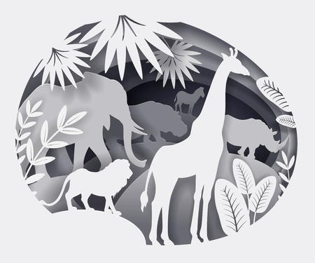 Vector illustration of paper art. African animals elephant, giraffe, lion, rhino, hippo, zebra. Leaf of palm, exotic plants. Black and white. Template for design of text, cover, tutorial for childrenのイラスト素材