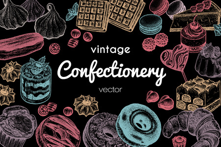 Frame made of sweets and desserts with space for text. Hand drawing pastel chalk on blackboard. Vintage engraving art illustration. Vector sketch. Food design. Signboard  for confectionery or bakery.のイラスト素材