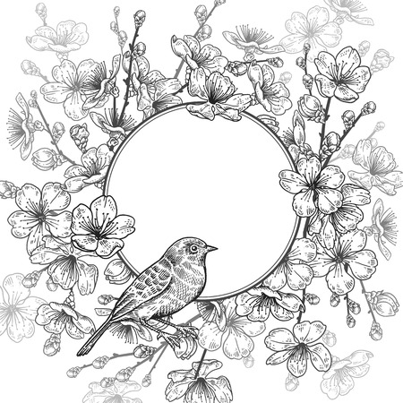 Vintage card. Vector illustration of spring nature. Floral background. Branches of a Japanese cherry tree and bird. Black and white.のイラスト素材