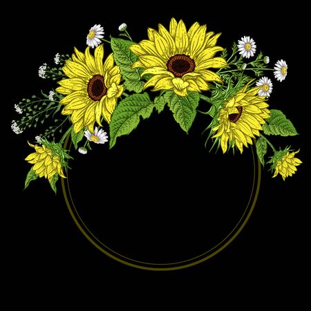 Floral frame pattern. Sunflowers and wild flowers. Decorative vector illustration. Vintage. Hand realistic drawing.のイラスト素材