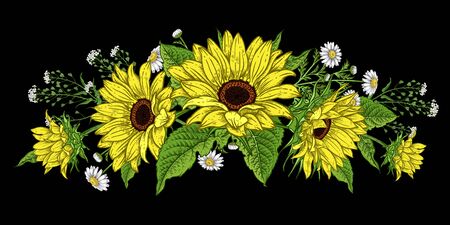 Flower garland. Sunflowers and wild flowers. Isolated autumn flowers and leaves. Floral pattern. Decorative vector illustration. Vintage. Hand realistic drawing.のイラスト素材