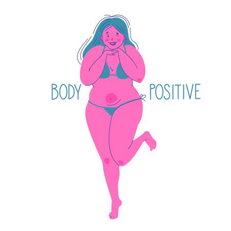 Cheerful happy young girl in swimsuit. Female cartoon character. Body positive inscription. Fat figure, dynamic movement, emotions of happiness. Love yourself. Vector illustration.のイラスト素材