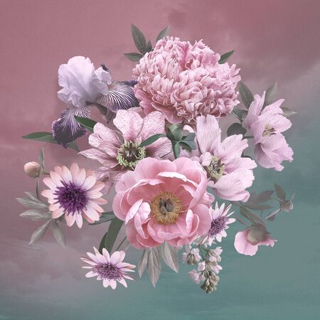 Floral template. Beautiful flowers peonies and iris. Festive background pastel color. Design for wedding invitations, holiday greetings, business card, decoration packaging. Vintage illustration.の写真素材