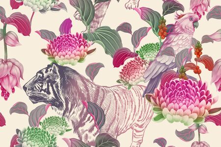 Tropical seamless floral pattern. Exotic birds parrots on branches of tree and tiger. Nature illustration. Vintage. Leaves, flowers and pink cockatoo on white background. Wildlife. Animals and plants.の写真素材