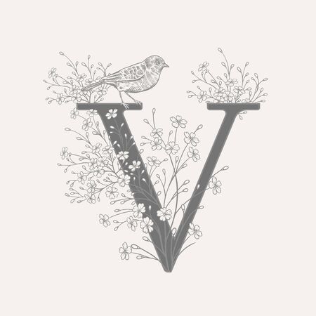 Letter V, decorative cute flowers and bird isolated. Vector decoration. Black and white. Vintage illustration. Floral pattern for greetings, wedding invitations, text design.のイラスト素材