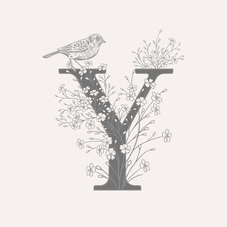 Letter Y, decorative cute flowers and bird isolated. Vector decoration. Black and white. Vintage illustration. Floral pattern for greetings, wedding invitations, text design.のイラスト素材