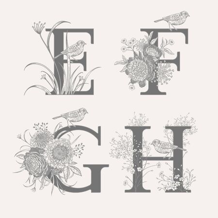 Letters E F G H, flowers peonies, decorative herbs and birds isolated set. Vector decoration. Black and white. Vintage illustration. Floral pattern for greetings, wedding invitations, text design.のイラスト素材