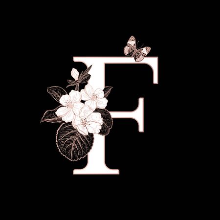 Letter F, flowers flowering sakura branches and butterfly isolated. Vector decoration. Black, white and gold. Vintage illustration. Floral pattern for greetings, wedding invitations, text design.のイラスト素材
