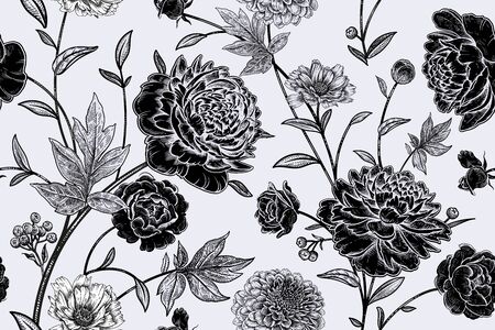 Floral seamless pattern. Garden flowers peonies, branches, leaves. Black and white vector illustration. Hand realistic drawing. Vintage. Decorative background for paper, wallpaper, summer textileのイラスト素材