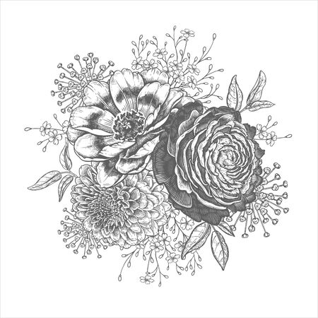 A bouquet of beautiful garden flowers. Peonies, roses, leaves, herbs and decorative plants. Vintage. Vector illustration. Black and white. Luxury decor for fashion design, advertising, wedding theme.のイラスト素材