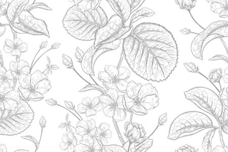 Japanese cherry. Blooming tree branches with flowers and leaves. Spring floral vintage seamless pattern. Vector illustration. Template for design textiles, paper, wallpaper. Black and white sketchのイラスト素材