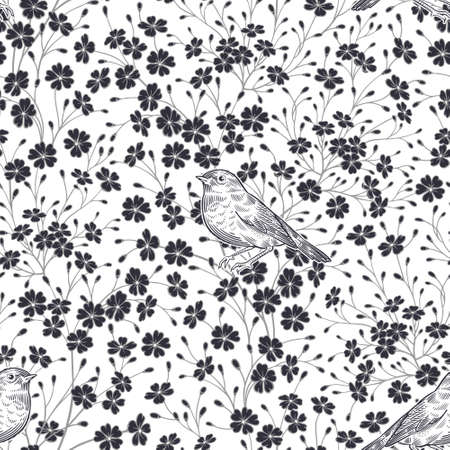 Black silhouettes of small flowers on white background and cute graphic birds. Floral seamless pattern for fabrics, summer textiles, paper, wallpaper, interior decoration.のイラスト素材