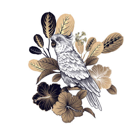 Summer floral pattern. Tropical bird parrot, leaves and flowers isolated on white background. Gold and black. Vector illustration Vintage. For sublimation printing on T-shirts, pillows, scarves.のイラスト素材