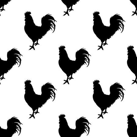 Seamless pattern. Silhouettes of roosters. Decorative background with cocks. Domestic bird. Farm animals series. Vector illustration of poultry. Black and white graphics. Vintage sketch.のイラスト素材